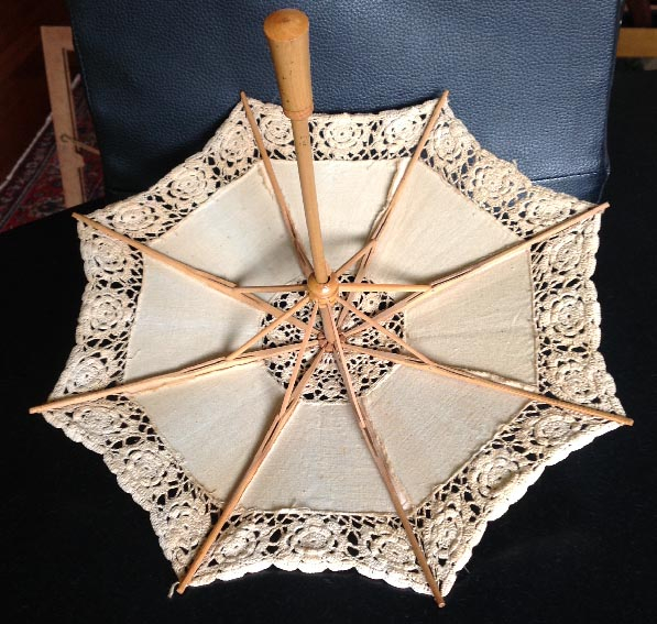 antique style dolls parasol with lace or crochet trim